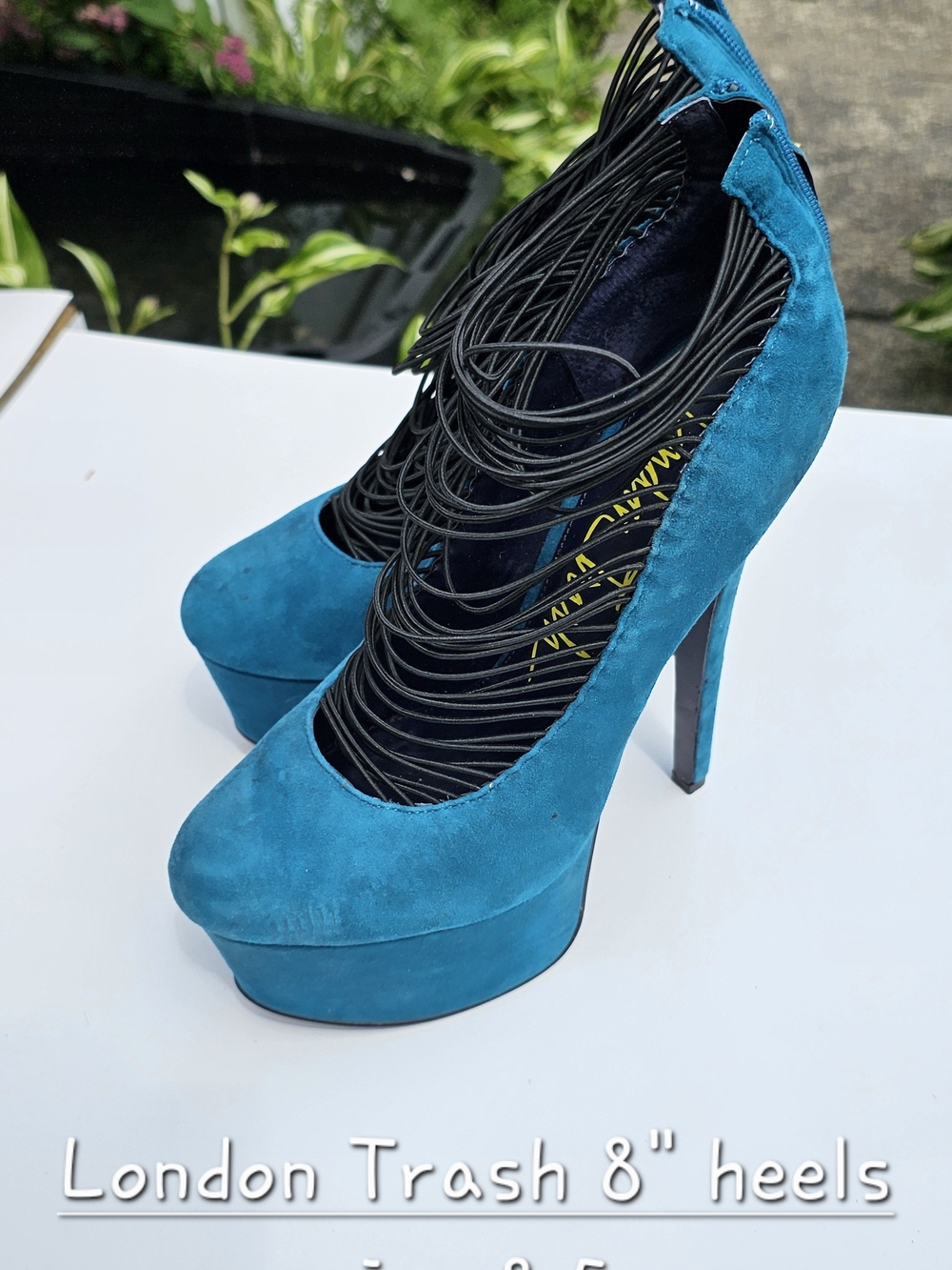 London Trash Teal Suede Platform Pumps with Lace Detail